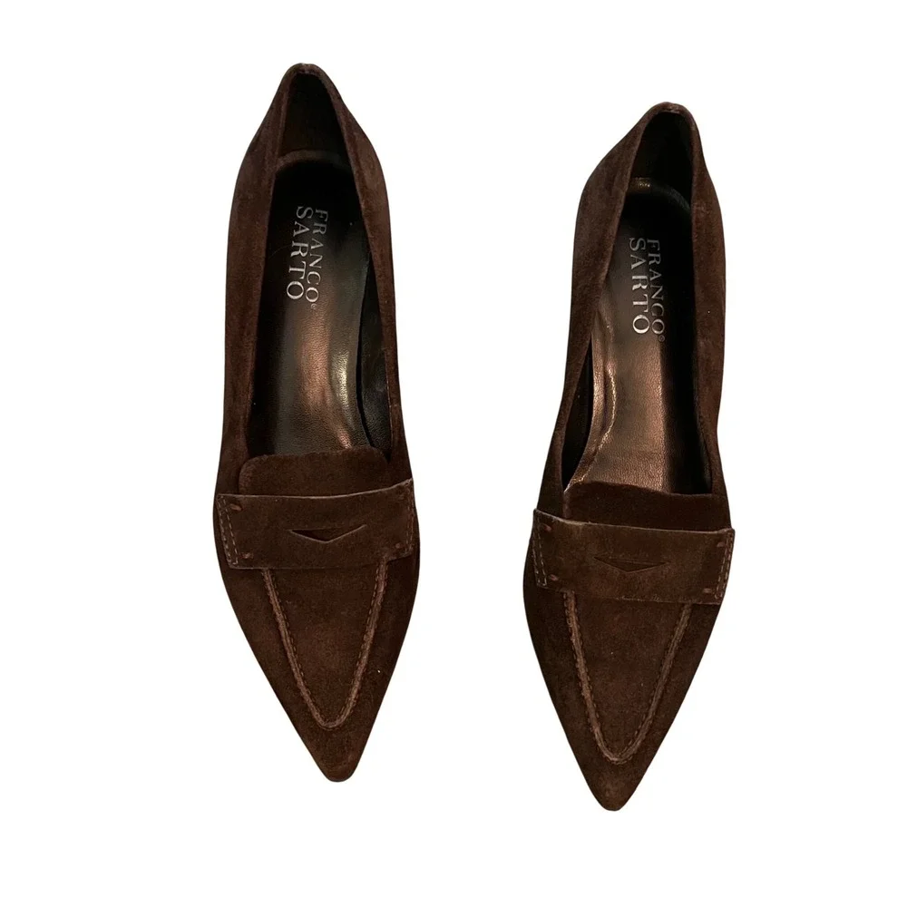 Franco Sarto Brown leather Suede Pointed Toe Kitten Heel Penny Loafer Pumps 6M